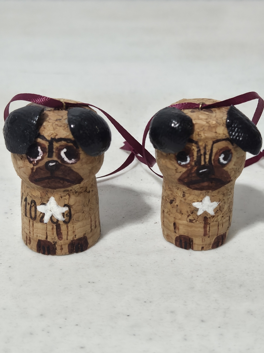 Handcrafted Pug Dog Wine Cork Ornament - Brown with Black Ears